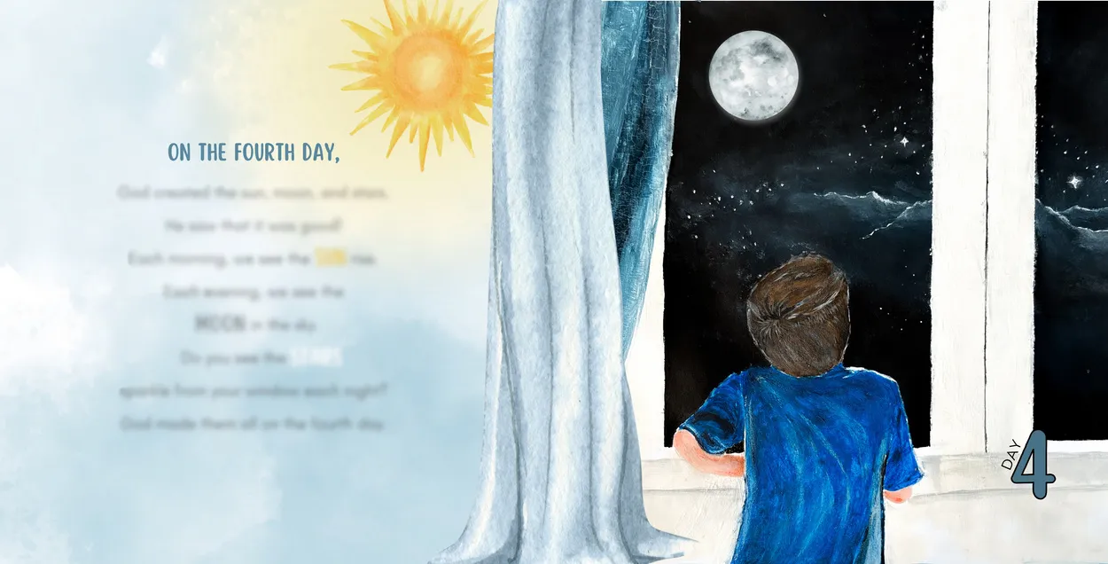 Interior spread from God Made Them All, a child at the window beneath the sun, moon, and stars.