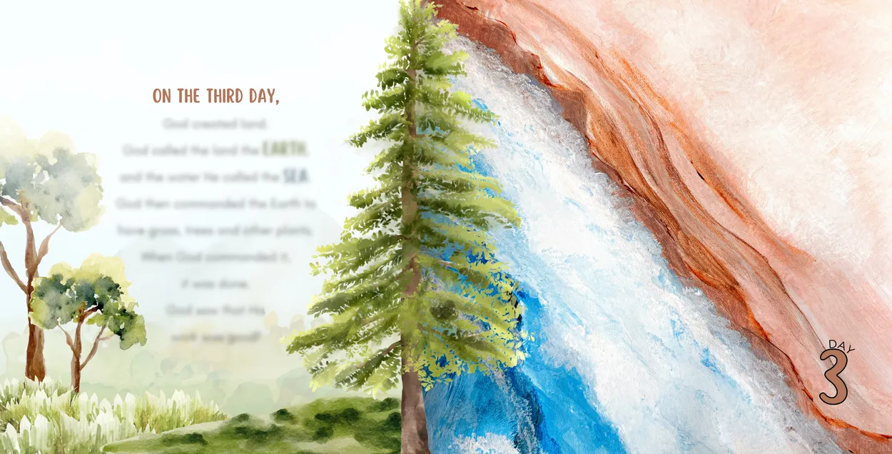 Interior spread from God Made Them All, the days of Creation illustrated.