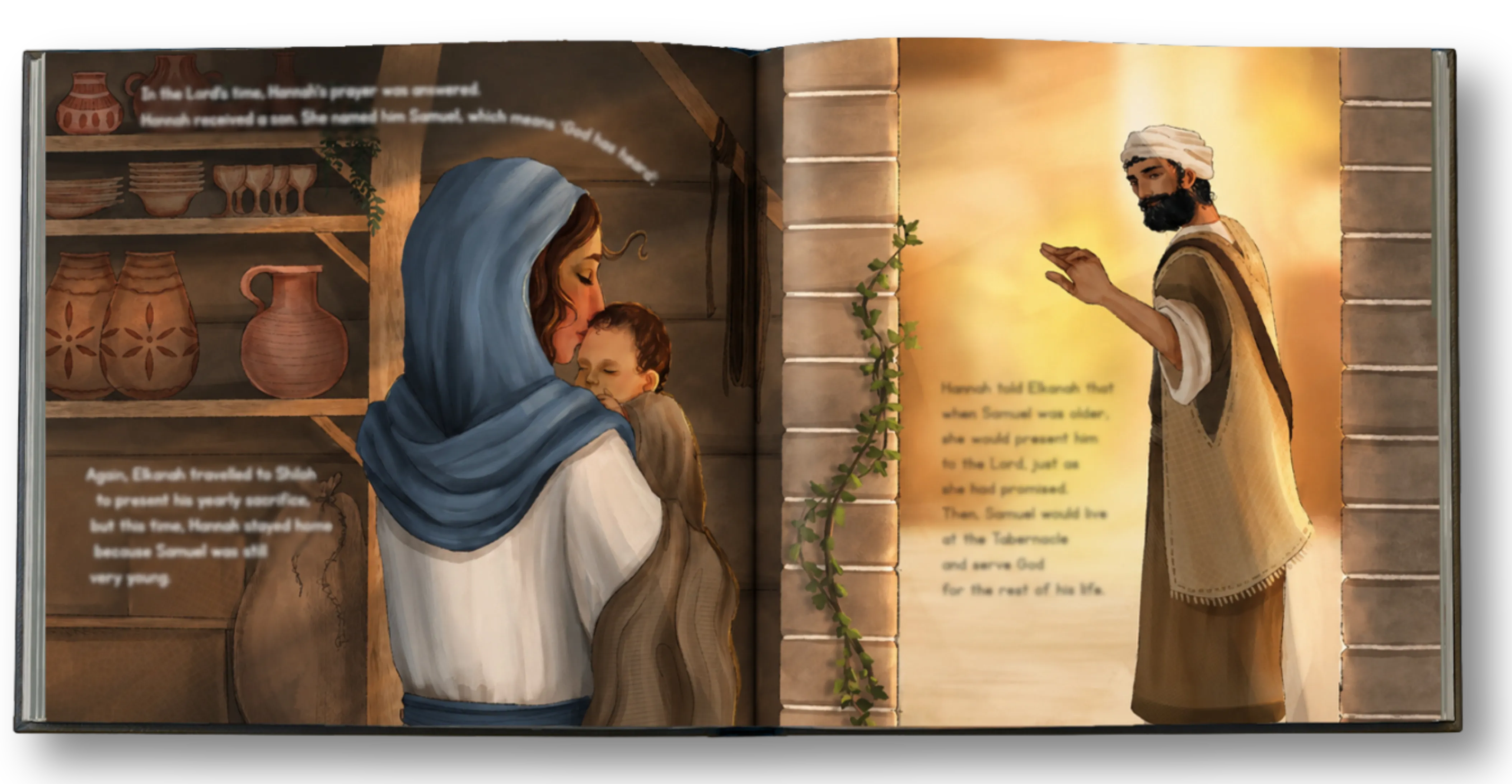 Interior spread from Hannah’s Sacrifice, Hannah embracing young Samuel as Eli speaks.